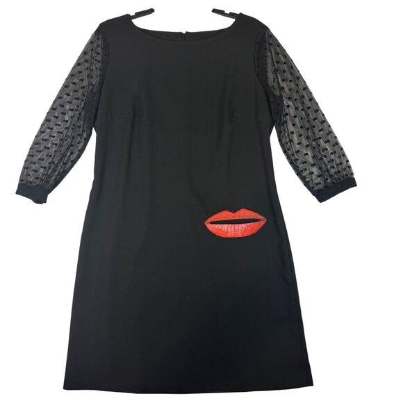 Desigual Black Dress Sheer Polka Dot Sleeves Red Lips Applique Pocket Quirky Med - Picture 1 of 14